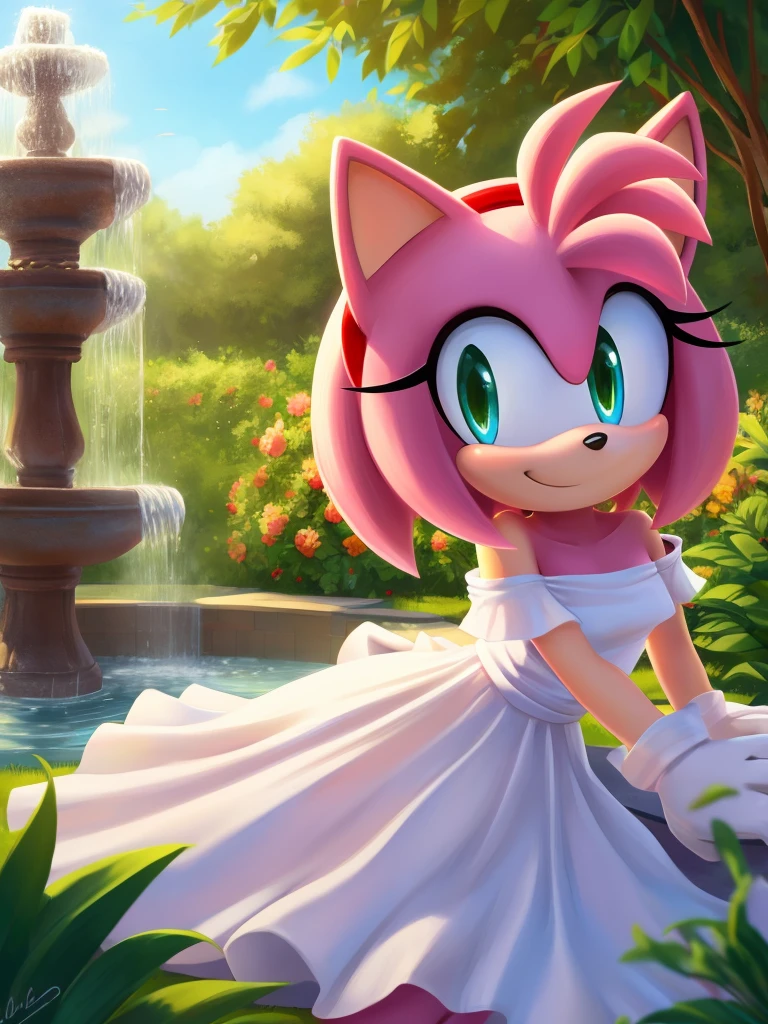 Amy Rose, Bare Shoulders, Strapless White Dress, White Lace Off-shoulder top, White Ruffle Off-the-Shoulder Top, White Maxi Dress, Smile, Garden Background, water fountain, close-up.