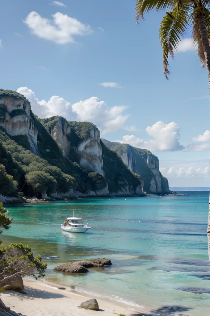 (best quality,4k,8k,highres,masterpiece:1.2),ultra-detailed,(realistic,photorealistic,photo-realistic:1.37),landscape,seascape,natural beauty,serene atmosphere,calm waves,glistening ocean,glorious summer,sandy beach,sun-kissed horizon,blissful tranquility,majestic cliffs,swaying palm trees,clear blue sky,gentle breeze,endless horizon,splendid sunlight,breathtaking colors,vibrant hues,harmonious composition,soft reflections,ethereal ambiance,peaceful escape,warm sunlight illuminating the scenery,sparkling water,secluded paradise,enchanting shoreline,distant sailboats,seagulls soaring in the sky,invigorating scent of saltwater,pure serenity,secluded cove,azure waters,pristine beauty,unspoiled nature,captivating view,scenic wonder,natural oasis,dreamlike paradise.