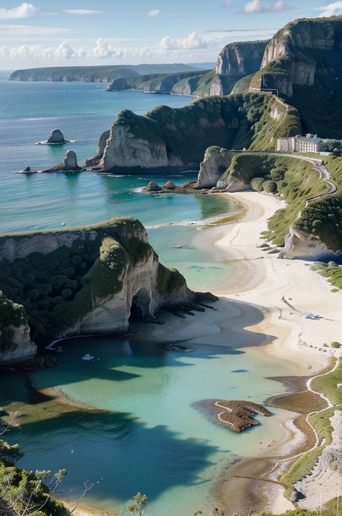 (best quality,4k,8k,highres,masterpiece:1.2),ultra-detailed,(realistic,photorealistic,photo-realistic:1.37),landscape,seascape,natural beauty,serene atmosphere,calm waves,glistening ocean,glorious summer,sandy beach,sun-kissed horizon,blissful tranquility,majestic cliffs,swaying palm trees,clear blue sky,gentle breeze,endless horizon,splendid sunlight,breathtaking colors,vibrant hues,harmonious composition,soft reflections,ethereal ambiance,peaceful escape,warm sunlight illuminating the scenery,sparkling water,secluded paradise,enchanting shoreline,distant sailboats,seagulls soaring in the sky,invigorating scent of saltwater,pure serenity,secluded cove,azure waters,pristine beauty,unspoiled nature,captivating view,scenic wonder,natural oasis,dreamlike paradise.