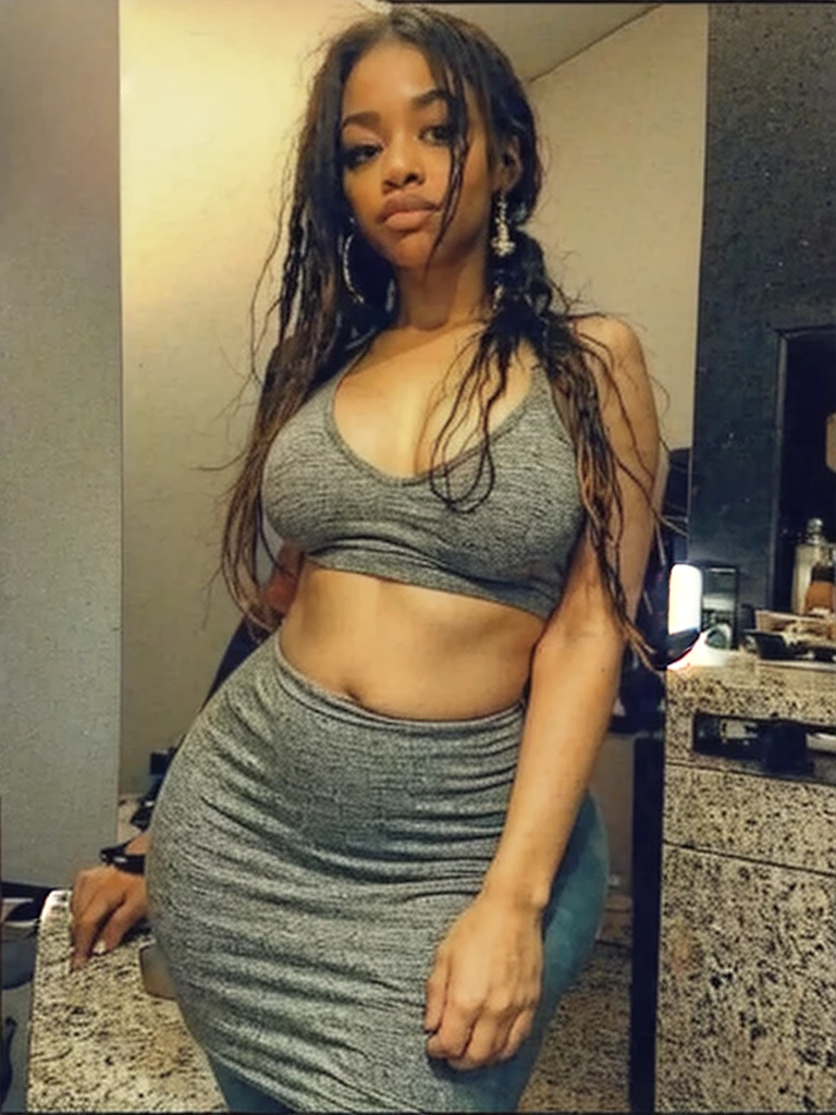 Analog image, neutral density,Highly detailed image ,thick voluptuous Dominican woman, viewed from below, with micro dreadlocks, highly detailed skin,even skin tone, skin imperfections, skin pores visible,wearing a tight red leggings and sports bra ,in a dim lit room , highly detailed clothing
