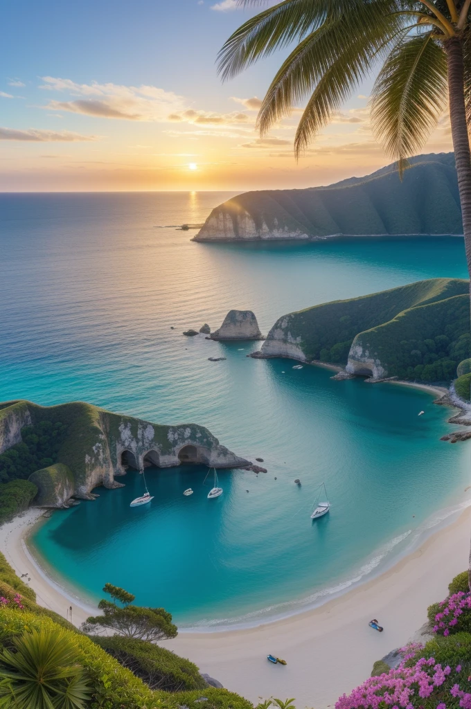 (best quality,4k,8k,highres,masterpiece:1.2),ultra-detailed,(realistic,photorealistic,photo-realistic:1.37),landscape,seascape,natural beauty,serene atmosphere,calm waves,glistening ocean,glorious summer,sandy beach,sun-kissed horizon,blissful tranquility,majestic cliffs,swaying palm trees,clear blue sky,gentle breeze,endless horizon,splendid sunlight,breathtaking colors,vibrant hues,harmonious composition,soft reflections,ethereal ambiance,peaceful escape,warm sunlight illuminating the scenery,sparkling water,secluded paradise,enchanting shoreline,distant sailboats,seagulls soaring in the sky,invigorating scent of saltwater,pure serenity,secluded cove,azure waters,pristine beauty,unspoiled nature,captivating view,scenic wonder,natural oasis,dreamlike paradise.