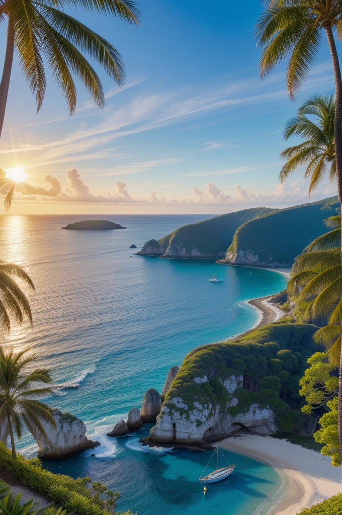 (best quality,4k,8k,highres,masterpiece:1.2),ultra-detailed,(realistic,photorealistic,photo-realistic:1.37),landscape,seascape,natural beauty,serene atmosphere,calm waves,glistening ocean,glorious summer,sandy beach,sun-kissed horizon,blissful tranquility,majestic cliffs,swaying palm trees,clear blue sky,gentle breeze,endless horizon,splendid sunlight,breathtaking colors,vibrant hues,harmonious composition,soft reflections,ethereal ambiance,peaceful escape,warm sunlight illuminating the scenery,sparkling water,secluded paradise,enchanting shoreline,distant sailboats,seagulls soaring in the sky,invigorating scent of saltwater,pure serenity,secluded cove,azure waters,pristine beauty,unspoiled nature,captivating view,scenic wonder,natural oasis,dreamlike paradise.