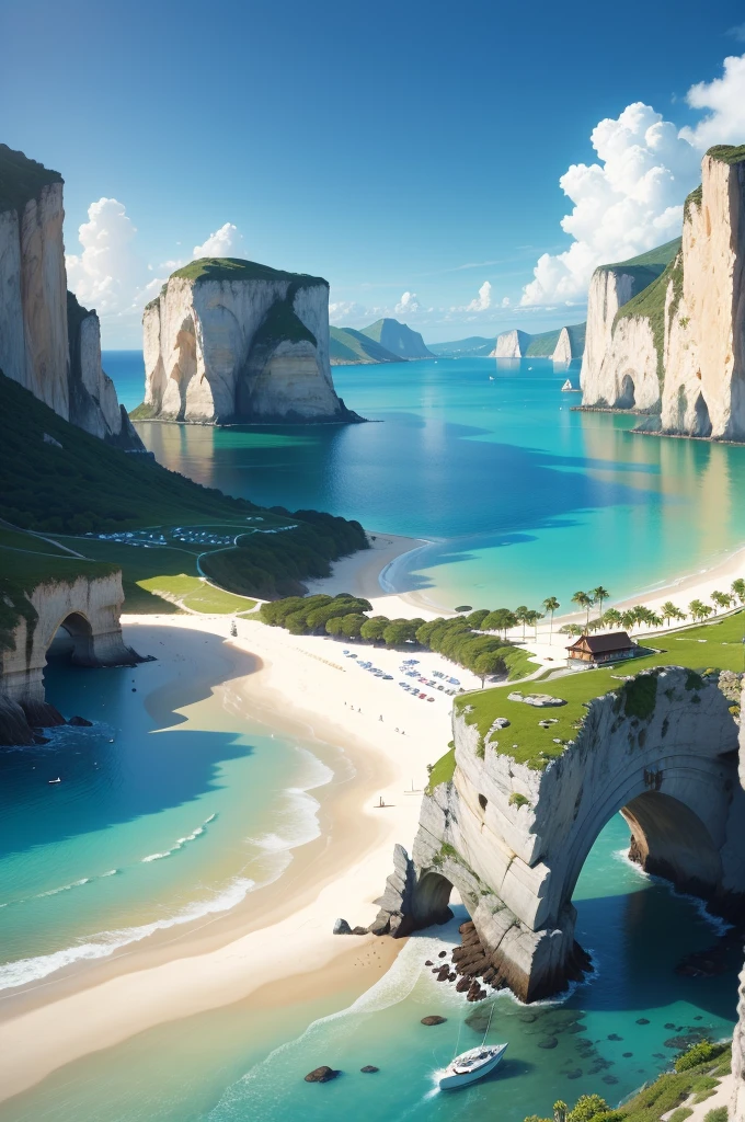 (best quality,4k,8k,highres,masterpiece:1.2),ultra-detailed,(realistic,photorealistic,photo-realistic:1.37),landscape,seascape,natural beauty,serene atmosphere,calm waves,glistening ocean,glorious summer,sandy beach,sun-kissed horizon,blissful tranquility,majestic cliffs,swaying palm trees,clear blue sky,gentle breeze,endless horizon,splendid sunlight,breathtaking colors,vibrant hues,harmonious composition,soft reflections,ethereal ambiance,peaceful escape,warm sunlight illuminating the scenery,sparkling water,secluded paradise,enchanting shoreline,distant sailboats,seagulls soaring in the sky,invigorating scent of saltwater,pure serenity,secluded cove,azure waters,pristine beauty,unspoiled nature,captivating view,scenic wonder,natural oasis,dreamlike paradise.