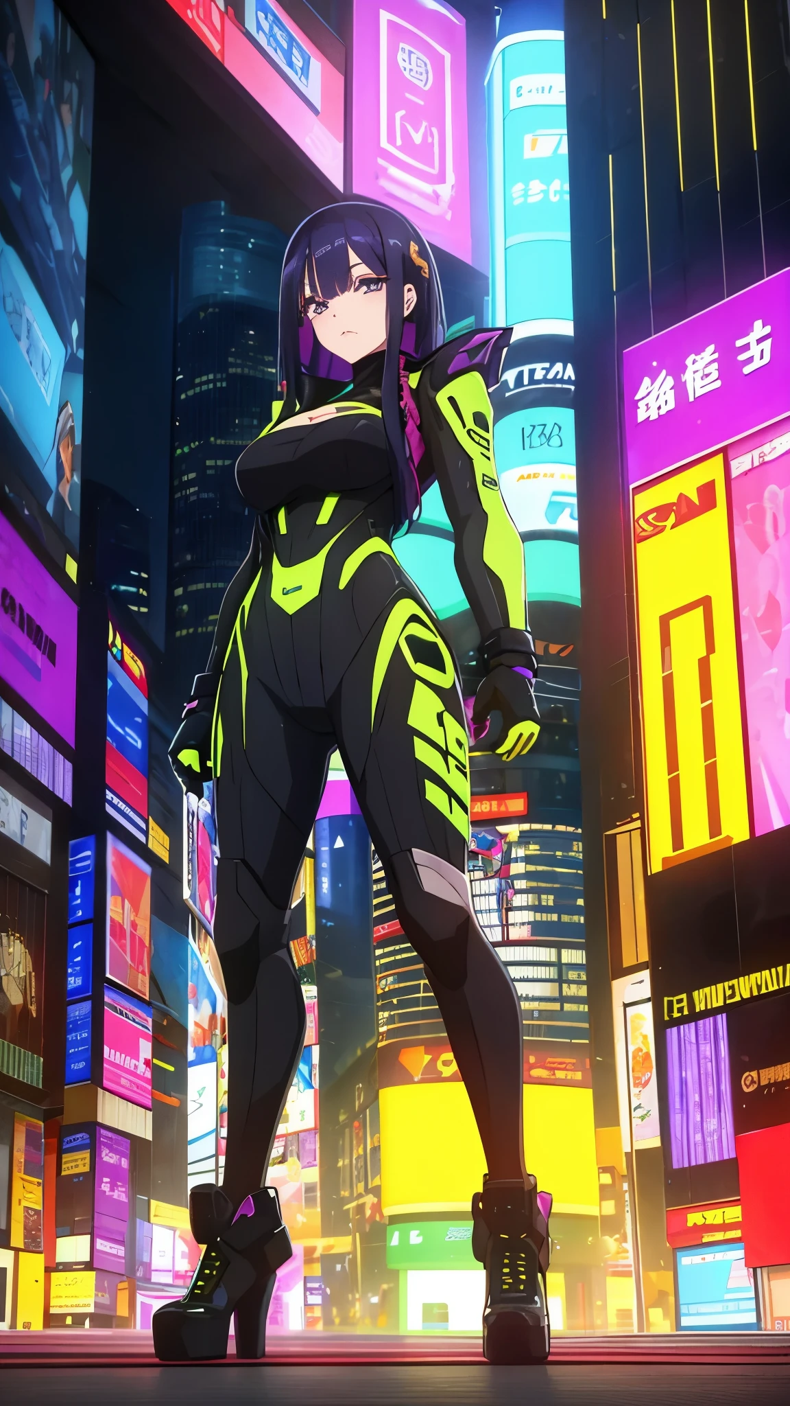 obra de arte, melhor qualidade, Garota cyberpunk confiante, Tiro de corpo inteiro, ((standing in front of the motorcycle)), Roupa pop inspirada em Harajuku, bold colors and patterns, attractive accessories, penteado moderno e inovador, maquiagem vibrante, Paisagem urbana deslumbrante cyberpunk, skyscrapers, Placas de neon, Luzes LED, esquema de cores vivas e brilhantes, anime, illustration, textura detalhada da pele, textura detalhada de pano, lindo rosto detalhado, detalhes intrincados, ultra detalhado.