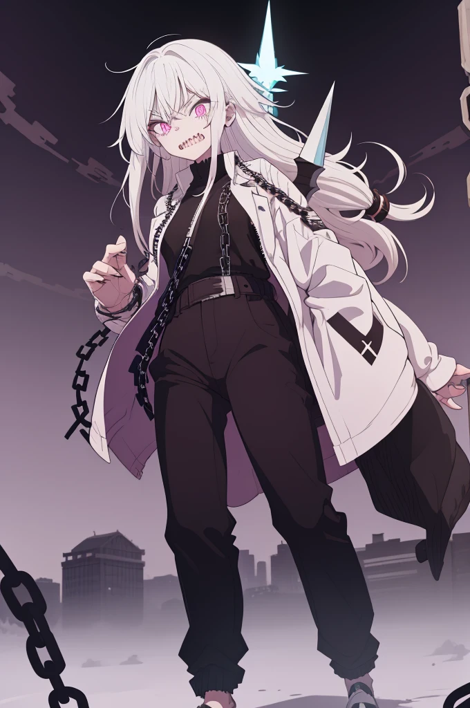 Man with kaiju like features, long black dreadlocks, brown skin, purple eyes, spikes on back, bone chains coming from dreadlocks, white smoke coming from mouth, sharp teeth, wearing a black jacket and pants. Defending his daughter who has white hair and pink eyes