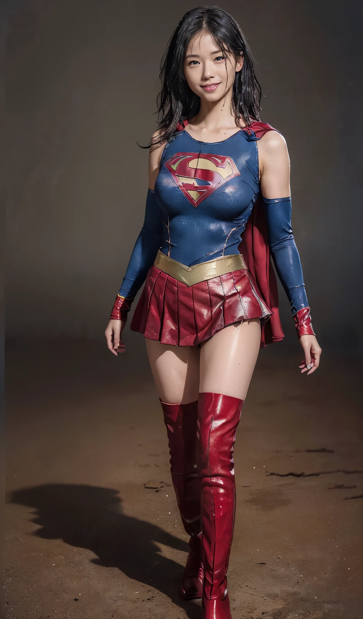 no background、short hair、supergirl costume、Snug costume、(((stretch your legs、tall、Legally express the beauty of your smile)))、((((Get the most out of your original images)))、(((supergirl costume、torn、Tattered、being destroyed)))、(((beautiful hair)))、(((I&#39;m in pain)))、(((Legs must be worn with black tights)))、(((must wear red boots、being destroyed)))、((Highest image quality、8K))、((highest quality、8K、masterpiece:1.3))、(((keep background )))、clear focus:1.2、beautiful woman with perfect figure:1.4、Full of scars、bloody、full of blood、slender abs:1.2、wet body:1.5、Highly detailed face and skin texture、8K