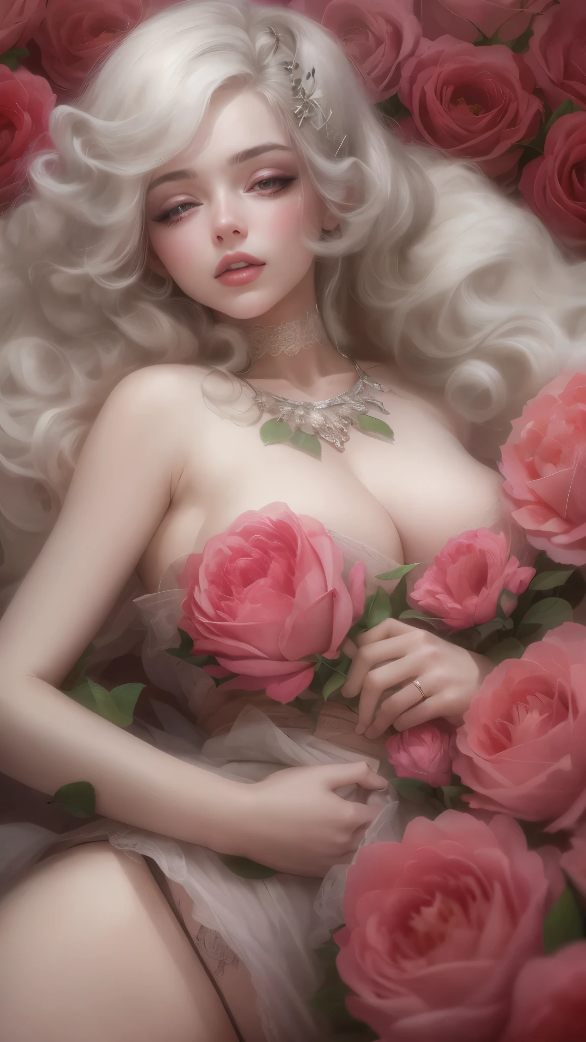 the body of a beautiful girl Muerta completely consisting of roses and peonies, gorgeous hair, precious jewelry, aesthetics of the female body, lace lingerie made of flowers, professional photo, beautiful, realistic, high resolution, massive cleavage, aesthetically pleasing, high detail, close-up, large bust, curvy, very big boobs, cleavage