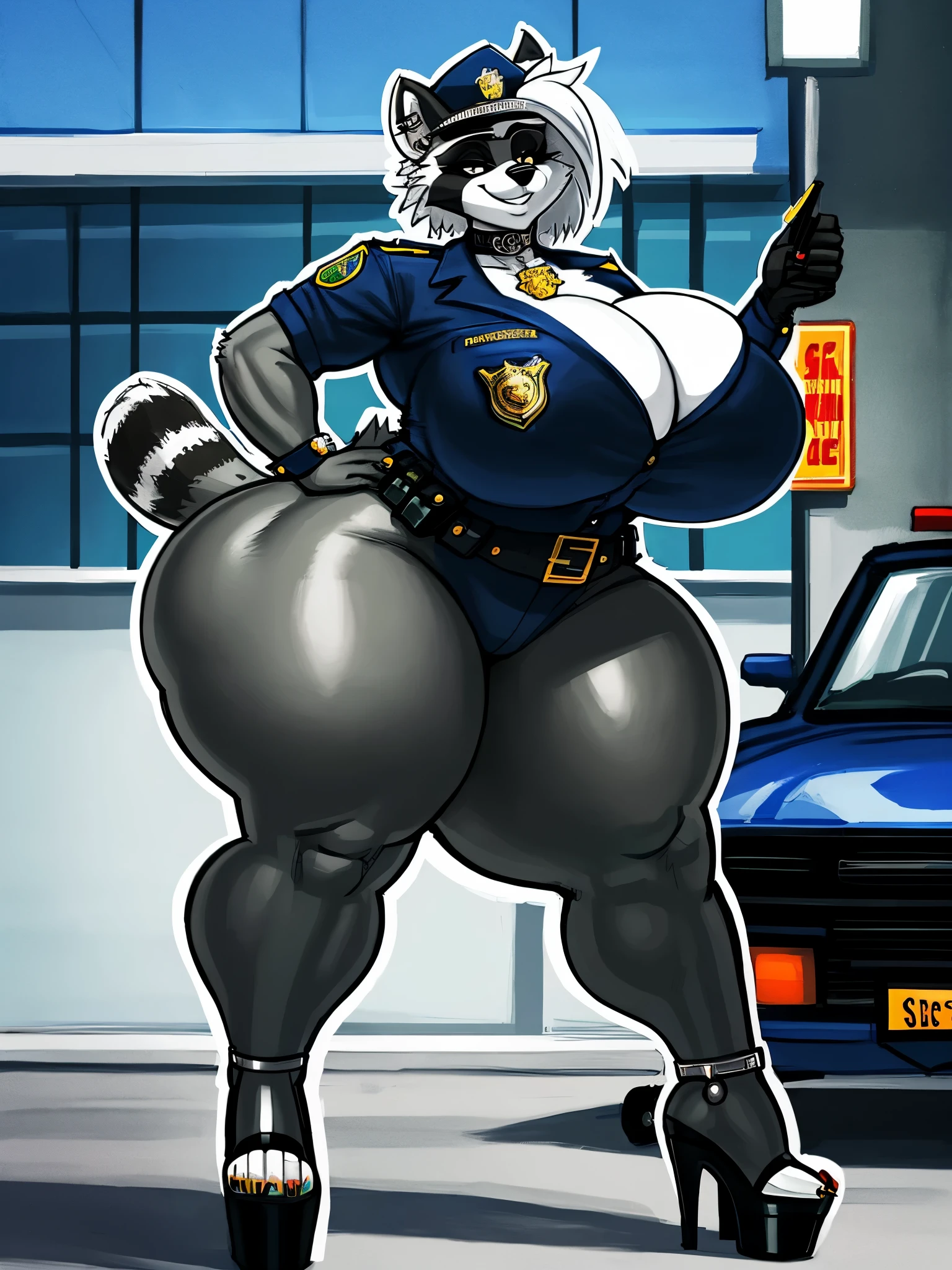 by sligarthetiger, by sssonic2, by snao, (large breasts), (wide hips), (thick thighs), (big butt), furry, anthro, raccoon, high heels, best quality, illustration, tail, police car, white inner ear, grin, choker, police station, platform heels, grey body, piercings, hair, white hair, cap, hair on sides, police uniform, solo, solo focus, badge,