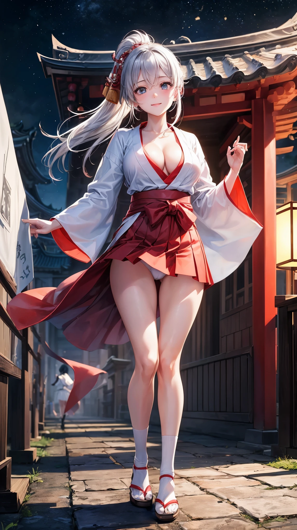 ((highest quality、High resolution、8K、masterpiece:1.3))、dynamic angle、I can see the whole body、wallpaper、1 girl、unparalleled beauty、ultimate beauty、super detailed face、delicate eyes、smile shyly、sexy look、looking at the camera、Depth of bounds written、light particles、side light、ponytail、silver hair、shrine maiden、shrine maiden服、shrine maiden装束、white kimono、red hakama、(Holding down the skirt with both hands)、(The wind flipped my skirt and exposed my white panties.)、Open chest、big breasts、cleavage、thighs、slim、slender、Old castle at night