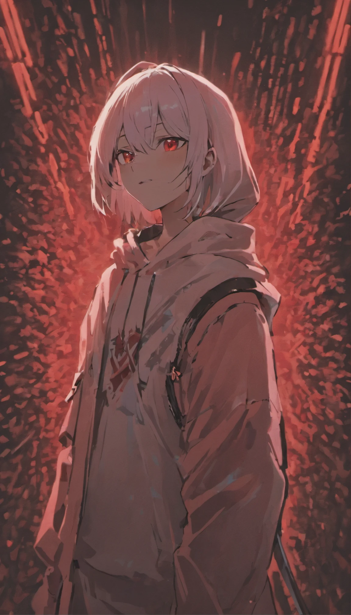 Concept art of a computer game character, blackandwhite, in two projections, An assassin man in a white hooded suit, evil look, evil smile, glowing red background, Simple black lines, simplified (masterpiece)