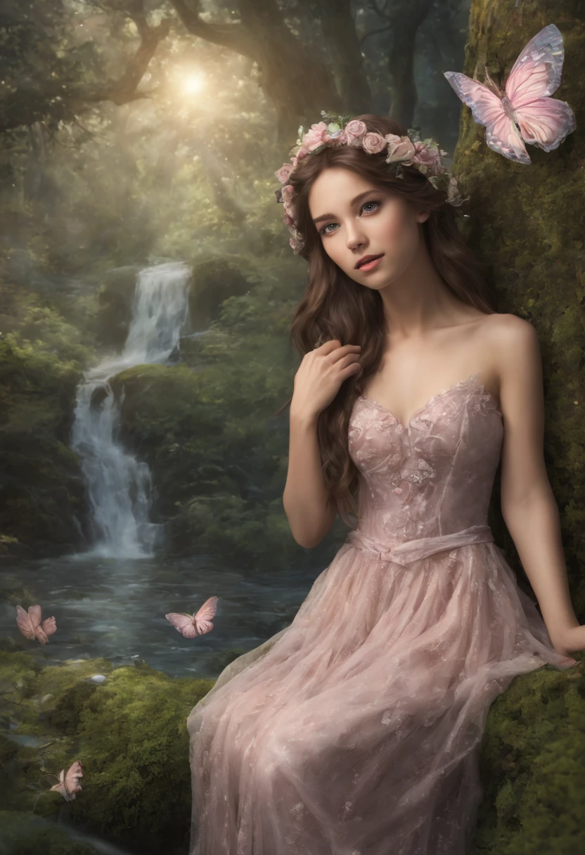 best quality,highres,masterpiece:1.2,ultra-detailed,realistic,soft pastel colors,beautifully blended shades,ethereal and dreamlike atmosphere,enchanting fairy figures,sparkling fairy dust,magical forest with towering trees and winding paths,mystical creatures and animals,whimsical flowers and plants,detailed butterfly wings,glowing lanterns and fairy lights,fairy wings with intricate patterns and textures,delicate and flowing dresses,playful and mischievous expressions,gentle and warm sunlight filtering through the trees,magical and glowing mushrooms,soft and fluffy clouds in the sky,magical waterfalls with shimmering water,peaceful and serene atmosphere with a touch of mystery,fairies dancing in mid-air,subtle and intricate details highlighting the magic and fantasy elements,ethereal music filling the air,creating a whimsical and enchanting ambience.