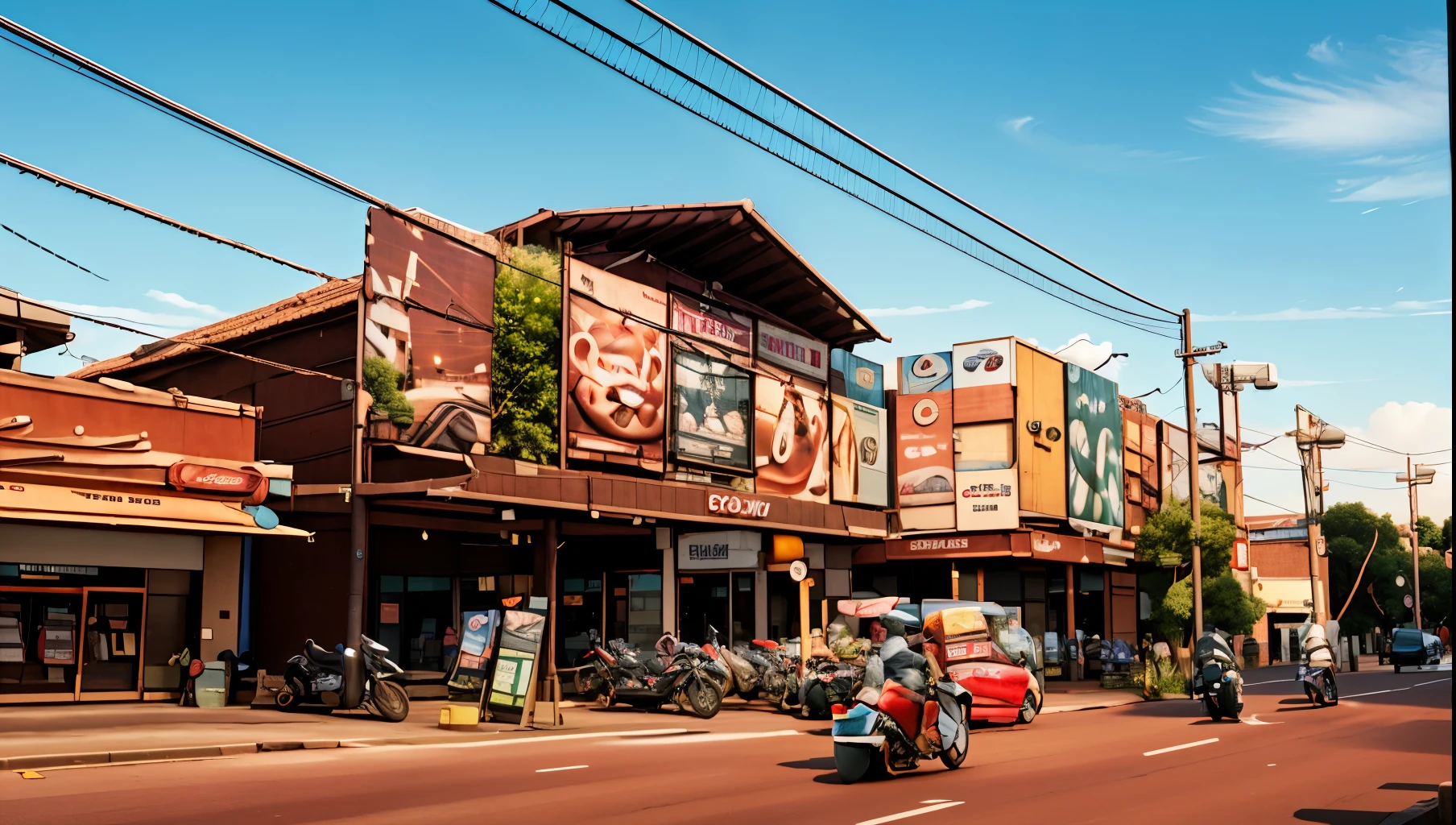 motorcycles are parked on the side of the road in front of a building, photo for a store, signboards, taken with sony alpha 9, centre image, shopping mall, stores, ad image, lots of shops, street level view, store, advertising photo, shops, colombo sri lankan city street, commercial billboard, real image, ads, old shops