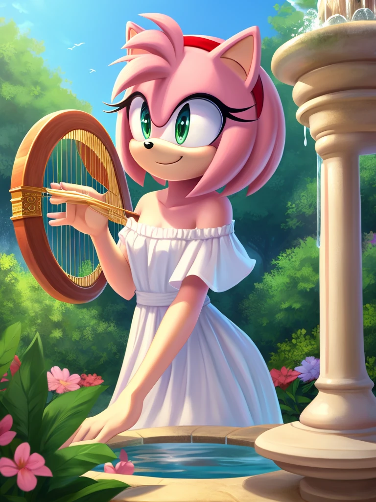 Amy Rose, Bare Shoulders, Strapless White Dress, White Lace Off-shoulder top, White Ruffle Off-the-Shoulder Top, White Maxi Dress, Smile, Garden Background, water fountain, close-up. 2D illustration, 2D art Holding and playing a tiny harp.