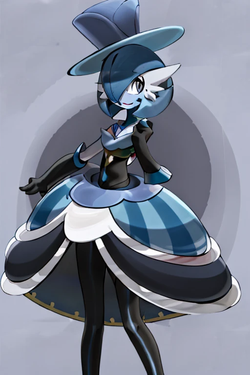 masterpiece, best_quality, 1girl, solo, gardevoir, white dress, creatures \(company\), game freak, nintendo, pokemon, pokemon \(game\), bangs, colored skin, female focus, flat chest, gen 3 pokemon, green hair, green skin, hair over one eye, multicolored skin, pokemon \(creature\), red eyes, short hair, two-tone skin, white skin, space, AAEVELYN, EYELASHES, BLUE EYES, BLUE HAIR, SHORT HAIR, MIDDLE PART, TOP HAT, DRESS, BLACK GLOVES, ELBOW GLOVES, BLACK PANTYHOSE, HIGH HEELS