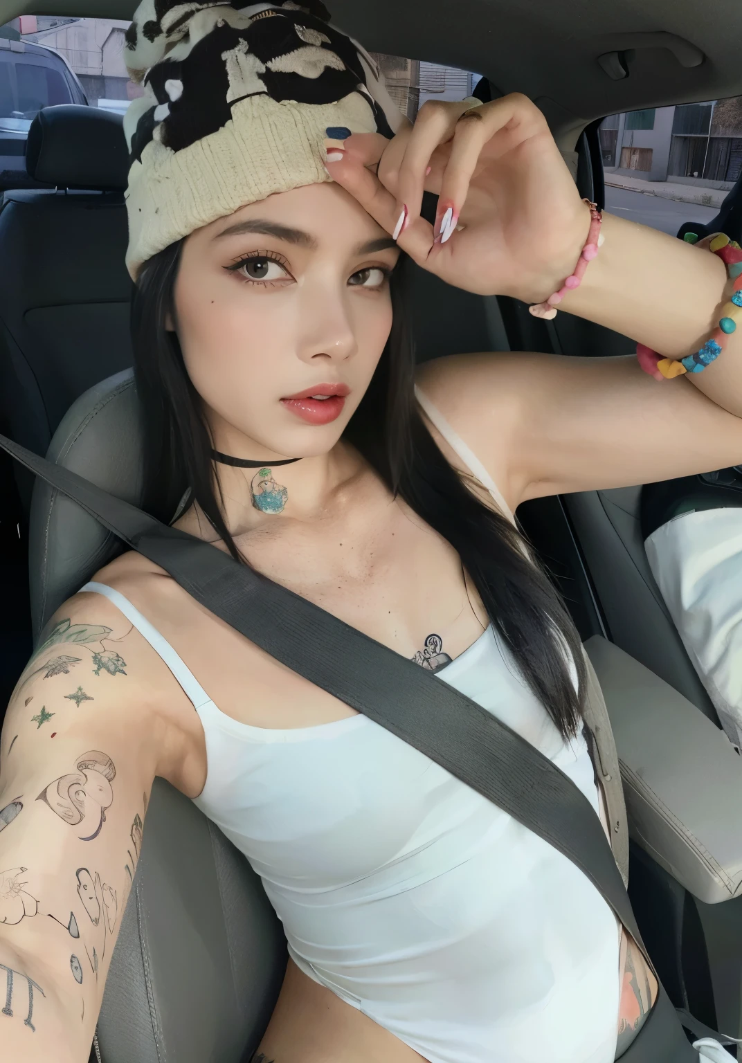 arafed woman com tatuagens on her arms and chest sitting in a car, com tatuagens, Bella Poarca, tatuado, modelo do instagram, wearing a choker and a cute hat, she parece uma mistura de sujeira, Angie Glock, 18 anos de idade, 2 modelo feminino de 4 anos, parece uma mistura de sujeira, parece uma mistura de sujeira