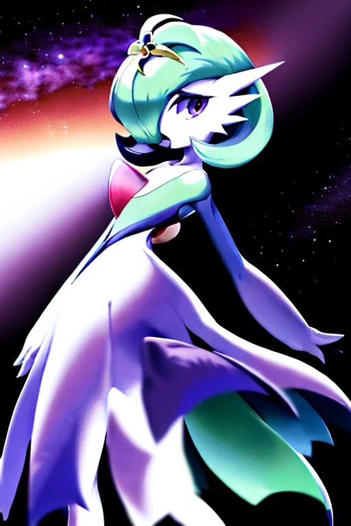 masterpiece, best_quality, 1girl, solo, gardevoir, white dress, creatures \(company\), game freak, nintendo, pokemon, pokemon \(game\), bangs, colored skin, female focus, flat chest, gen 3 pokemon, green hair, green skin, hair over one eye, multicolored skin, pokemon \(creature\), red eyes, short hair, two-tone skin, white skin, space,  Acerola, :3