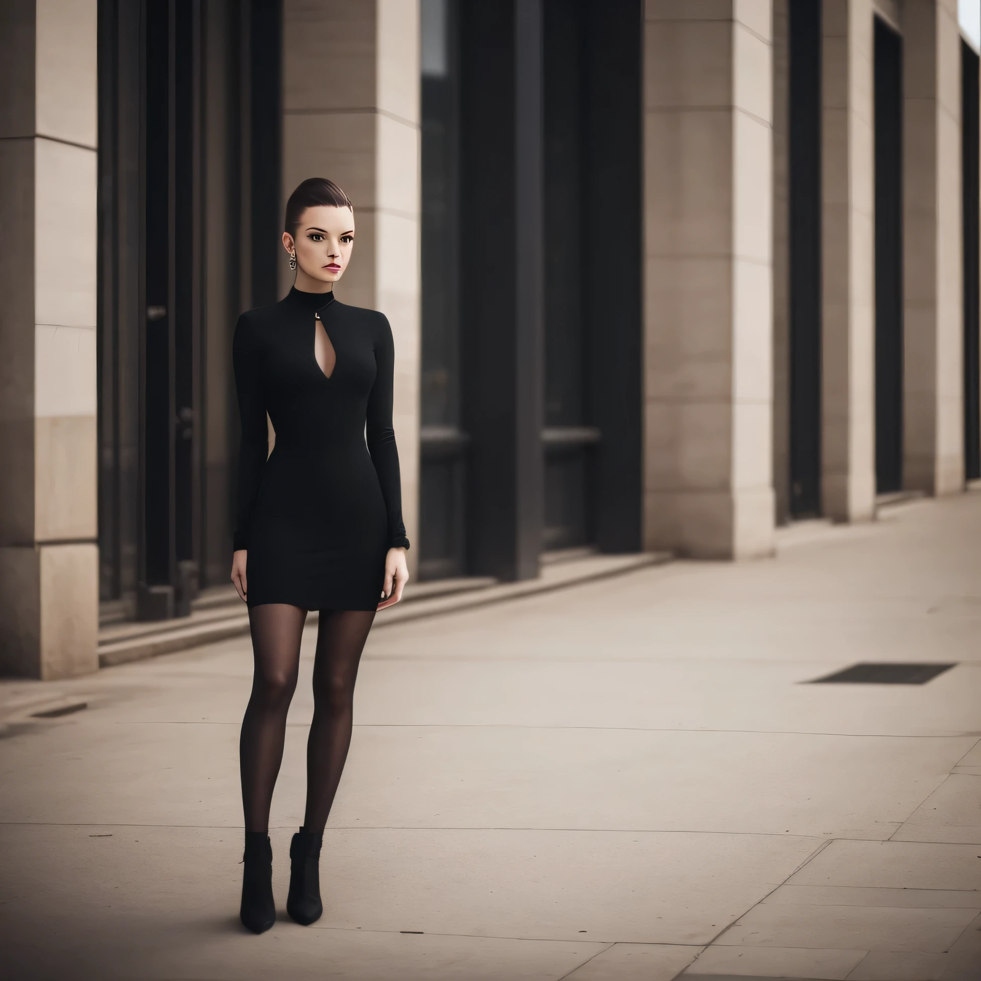 there is a woman standing on a sidewalk in a black dress, jovana rikalo, inspired by Carlo Mense, aleksandra waliszewska, olga buzova, 60mm portrait, 7 0 mm portrait, wearing a black bodysuit, alexey egorov, 50mm portrait, sergey zabelin, shot on leica sl2