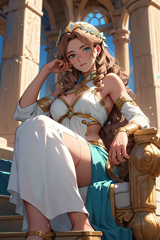 Draw a young blonde woman with blue eyes and a generous shape which would represent Athena on a throne surrounded by people who caress her with love.' une femme au cheveux brun lisser mais avec du volume typer latino reprensentant Hera qui essaye de l'embrasser d'another woman with curly brown hair and bluish green eyes represents Aphrodite who caresses her legs, d'a woman who looks like Monica Belluchi depicting Artemis behind her touching her hair with a bow and arrow'a 24 year old guy with curly brown hair holding his shoulders representing Hefaitos