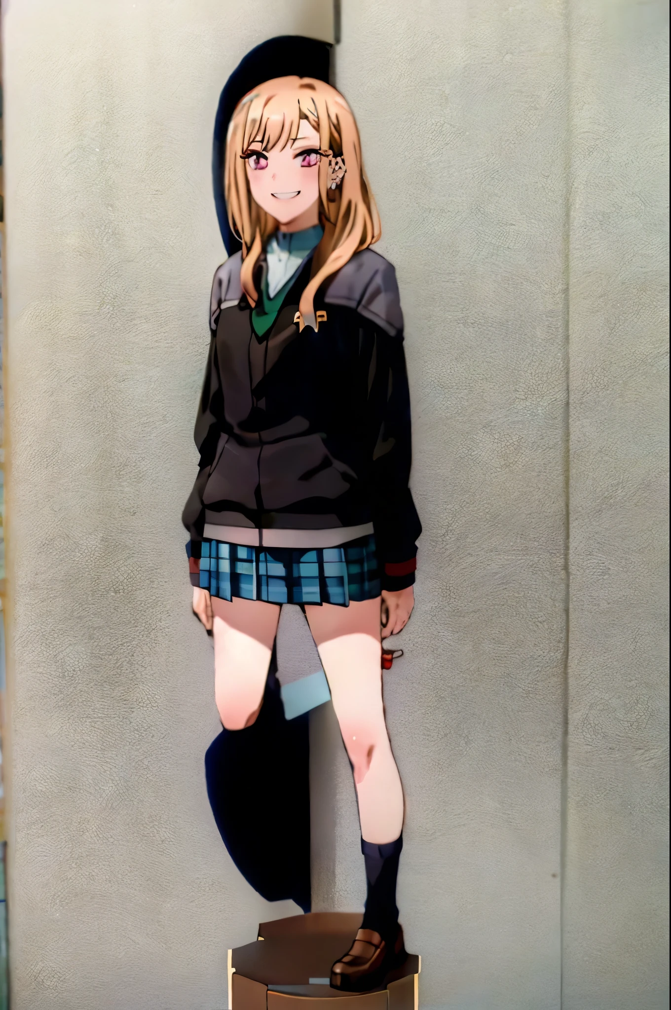 Marin Kitagawa, 1girl, kitagawa marin, blonde hair, jewelry, solo, , choker, necktie, red eyes, ring, long hair, full body, smile, v, socks, black choker, , bracelet, earrings, piercing, brown footwear, black socks, looking at viewer, shoes, plaid skirt, pleated skirt, multicolored hair, , , loafers, ear piercing, grin, plaid, bangs, standing, blue skirt, colored tips ds9st uniform