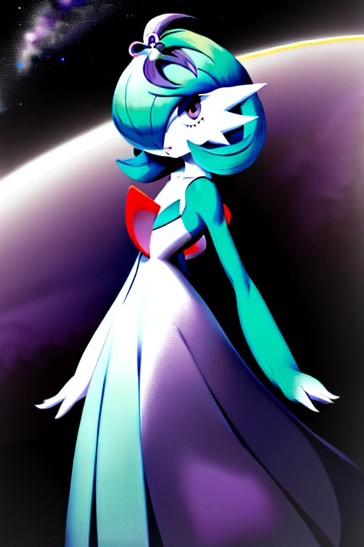 masterpiece, best_quality, 1girl, solo, gardevoir, white dress, creatures \(company\), game freak, nintendo, pokemon, pokemon \(game\), bangs, colored skin, female focus, flat chest, gen 3 pokemon, green hair, green skin, hair over one eye, multicolored skin, pokemon \(creature\), red eyes, short hair, two-tone skin, white skin, space, Acerola, :3