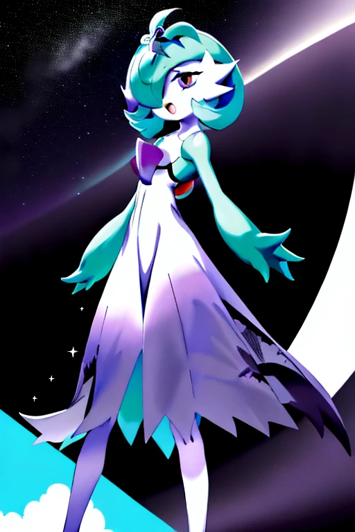 masterpiece, best_quality, 1girl, solo, gardevoir, white dress, creatures \(company\), game freak, nintendo, pokemon, pokemon \(game\), bangs, colored skin, female focus, flat chest, gen 3 pokemon, green hair, green skin, hair over one eye, multicolored skin, pokemon \(creature\), red eyes, short hair, two-tone skin, white skin, space, Acerola, :3