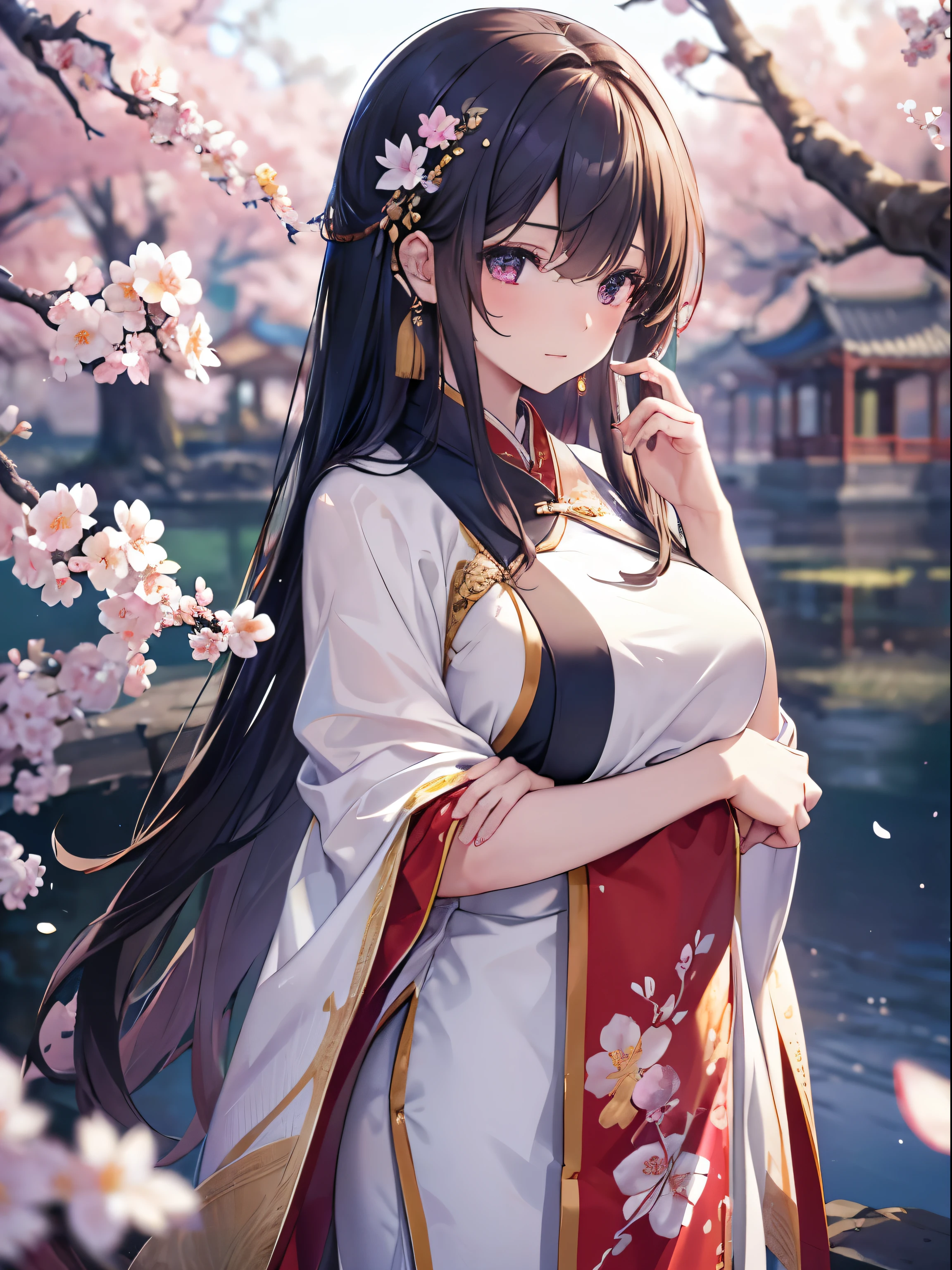 masterpiece,extremely detailed CG unity 8k wallpaper,1girl, beautiful, realistic, blurry, blurry_background, blurry_foreground, branch, plum blossom, depth_of_field, flower, jewelry, nose, realistic, solo,chinese clothes,fingers hidden, arms hidden, only wearing a bra