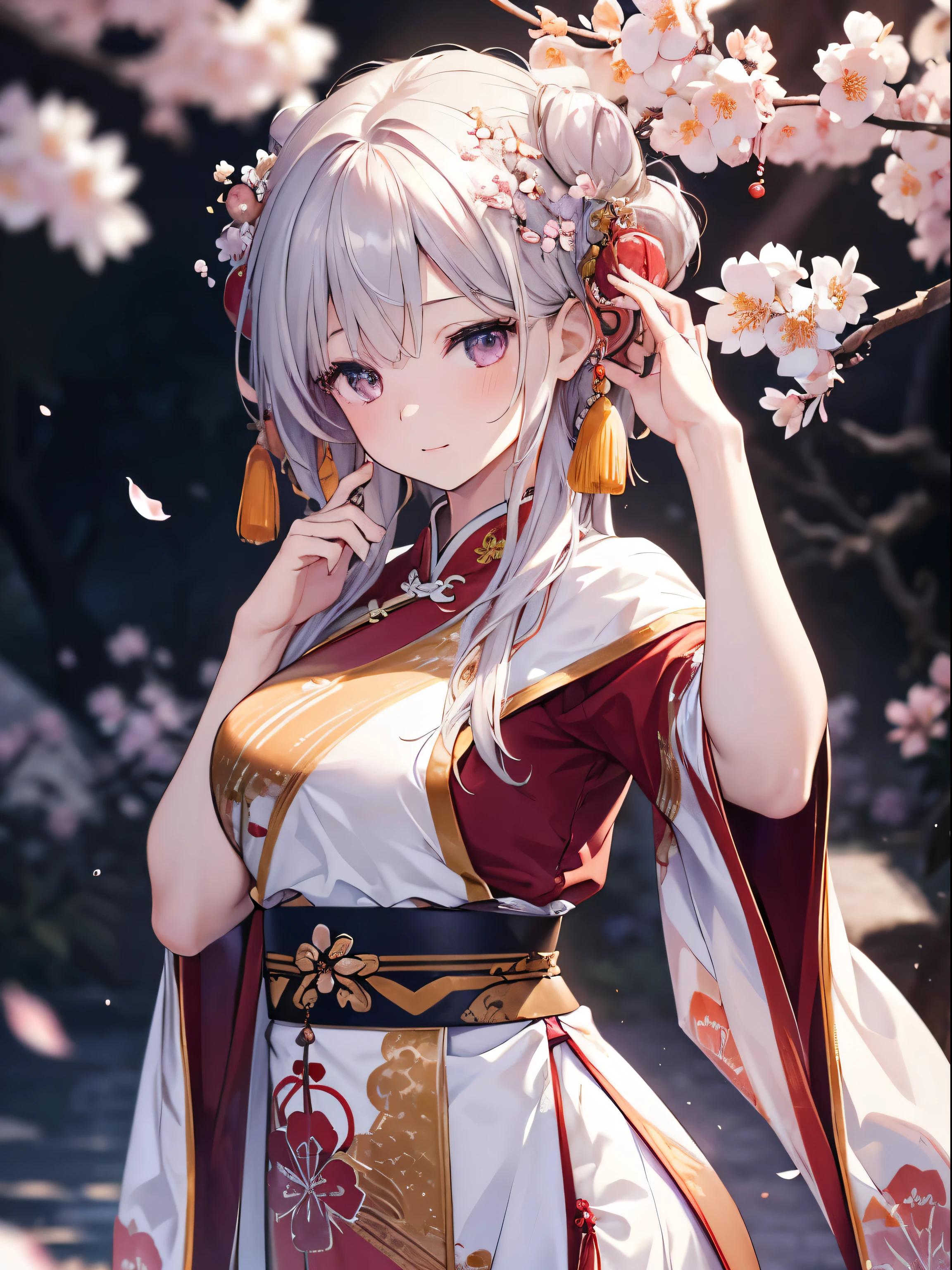 masterpiece,extremely detailed CG unity 8k wallpaper,1girl, beautiful, realistic, blurry, blurry_background, blurry_foreground, branch, plum blossom, depth_of_field, flower, jewelry, nose, realistic, solo,chinese clothes,fingers hidden, arms hidden, only wearing a bra