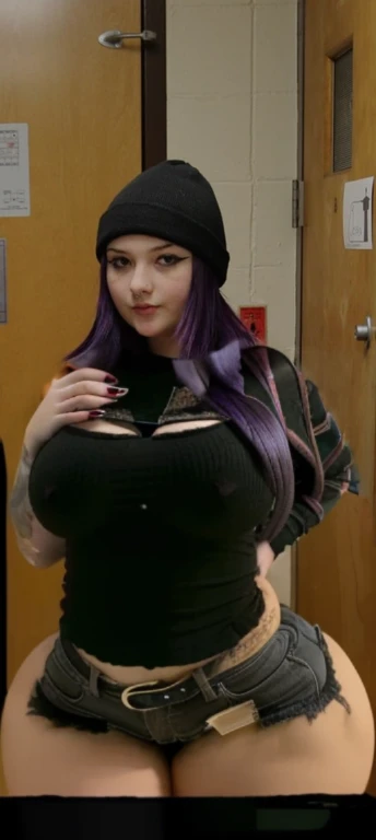 two women in black shirts and plaid pants standing in a room, tall female emo art student, female emo art student, 1 7 -  - old h girl, dressed in crustpunk clothing, she has purple hair, low quality photo, dark purple hair and cybernetics, very very low quality picture, taken in the early 2020s, big tits, upper body zoom, Big tits, huge tits, no clothes, sexy, cute, minimal clothes, thick, bbw, chubby stomach, thick nipples, nipple piercings, large areola, hard nipples, piercing through shirt, nipples hard through shirt, busty, major cleavage, naked, ripping through top, boobs spilling over sides, bra too tight, giant tits, extra wide hips, upper body zoom in, showing off huge tits, fat stomach, see through top, fat bbw, large areola showing, thick thighs, wide hips, fat stomach, extra wide hips