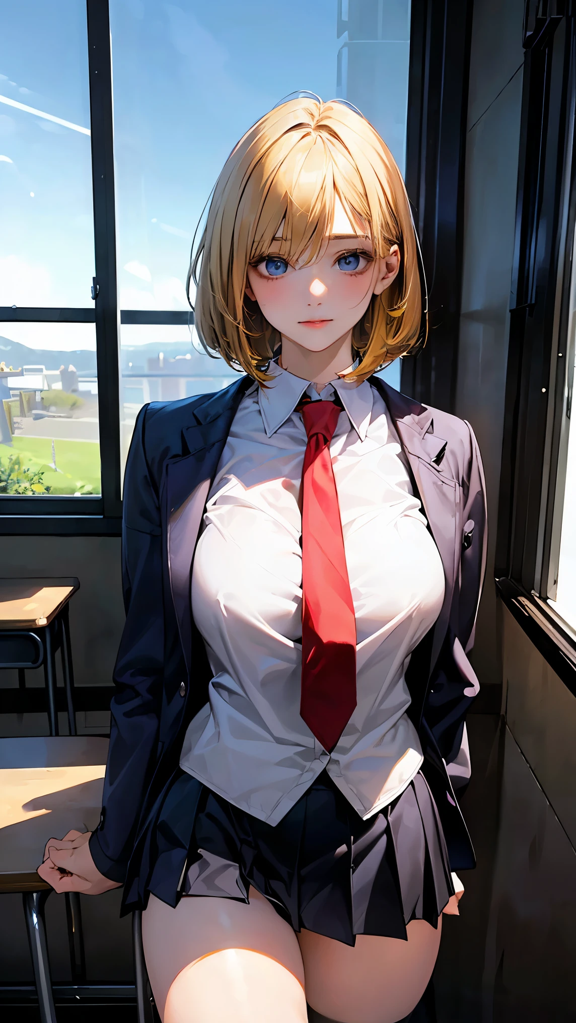 (masterpiece:1.2, highest quality), (realistic, photorealistic:1.4), beautiful illustrations, (natural side lighting, movie lighting), NSFW,
looking at the viewer, cowboy shot, Front view:0.6, 1 girl, Japanese, high school girl, perfect face, Cute symmetrical face, shiny skin,
(short hair:1.2, bob cut:1.2, yellow hair), hair between eyes, blue eyes, Long Eye Lasher, (big breasts:0.8, thick thighs),
beautiful hair, beautiful face, beautiful and fine eyes, beautiful clavicle, beautiful body, beautiful breasts, beautiful thighs, beautiful feet, beautiful fingers,
(((Navy jacket), white collared shirts, Grape Pleated Mini Skirt, black socks, black loafers, red tie)),
(beautiful scenery), evening, classroom, Seats, hand between legs, put your hand on your chest, (Hilarious),