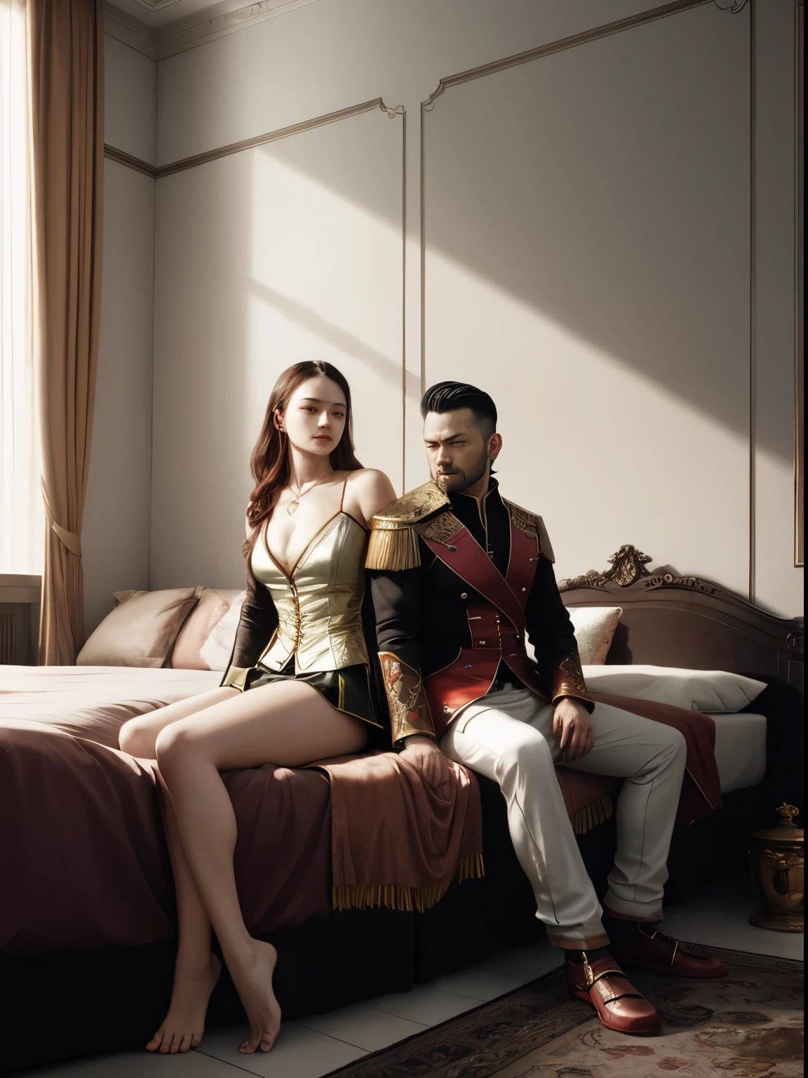 there is a man and woman sitting on a bed together, couple on bed, sitting on the bed, couple pose, roberto ferri and ruan jia, sitting on edge of bed, sitting on a bed, by Zofia Stryjenska, commission for high res, by Tanaka Isson, dominant pose, made with anime painter studio