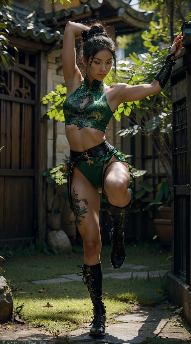 ((Full body Illustration)), high definition|quality|contrast. Magic Fantasy art. a Chinese warrior woman holding a staff in combat pose, (attack
pose:1.3), traditional dress in shades of green, a fenix tattoo on the right leg, in a battle pose, swirl of leaves around. her body emanates an energy of peace and strength that emits white and green colors of peace and strength.This energy that radiates around her protects her against an evil spirit.l, ambient soft light.