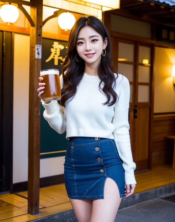 beautiful,K-POP idol,japanese idol,japanese actress,High resolution,beautiful skin,8K,RAW photo,highest quality,masterpiece,realistic,photo-realistic,clear,professional lighting,beautiful顔,highest quality,超High resolution,sexy,beautiful唇,white teeth,beautiful歯列,smile,mini skirt,Beer