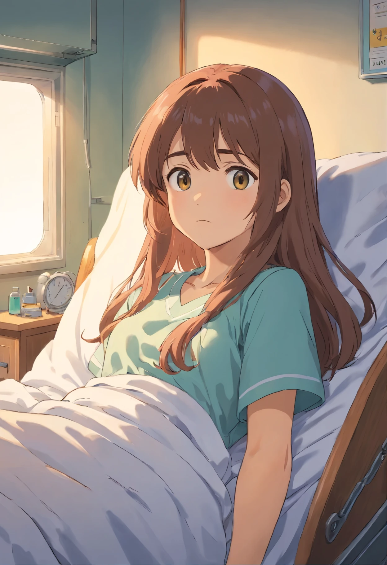 A shy girl with long hair in hospital bed just woke up from amnesia with wide background