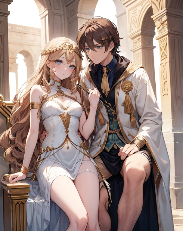 Draw a young blonde woman with blue eyes with a generous shape which would represent Athena on a throne surrounded by people who caress her with love one of the people is a woman with straight brown hair but with volume Latino type representing Hera who is trying to kiss her another woman with curly brown hair and bluish green eyes represents Aphrodite who caresses her legs, a woman who looks like Monica Belluchi representing Artemis behind her touching her hair with a bow and arrow and a 24 year old guy with curly brown hair holding her shoulders representing Hefaistos