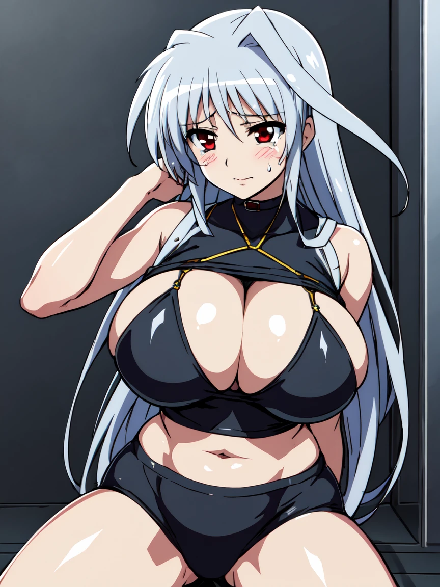 masterpiece,top-quality,reinforce eins,heroine of magical girl lyrical nanoha,1girl,solo,silver hair,long hair, outside splash hair,red eyes,beauty, very huge breasts,narrow waist,bust size is 100cm,prison,crying,sexy,soaked,seductive anime girl, oppai, biomechanical oppai,oppai proportions,Both hands are tied behind their backs and restrained,show oppai,chikubi,Completely naked,not wearing clothes,naked