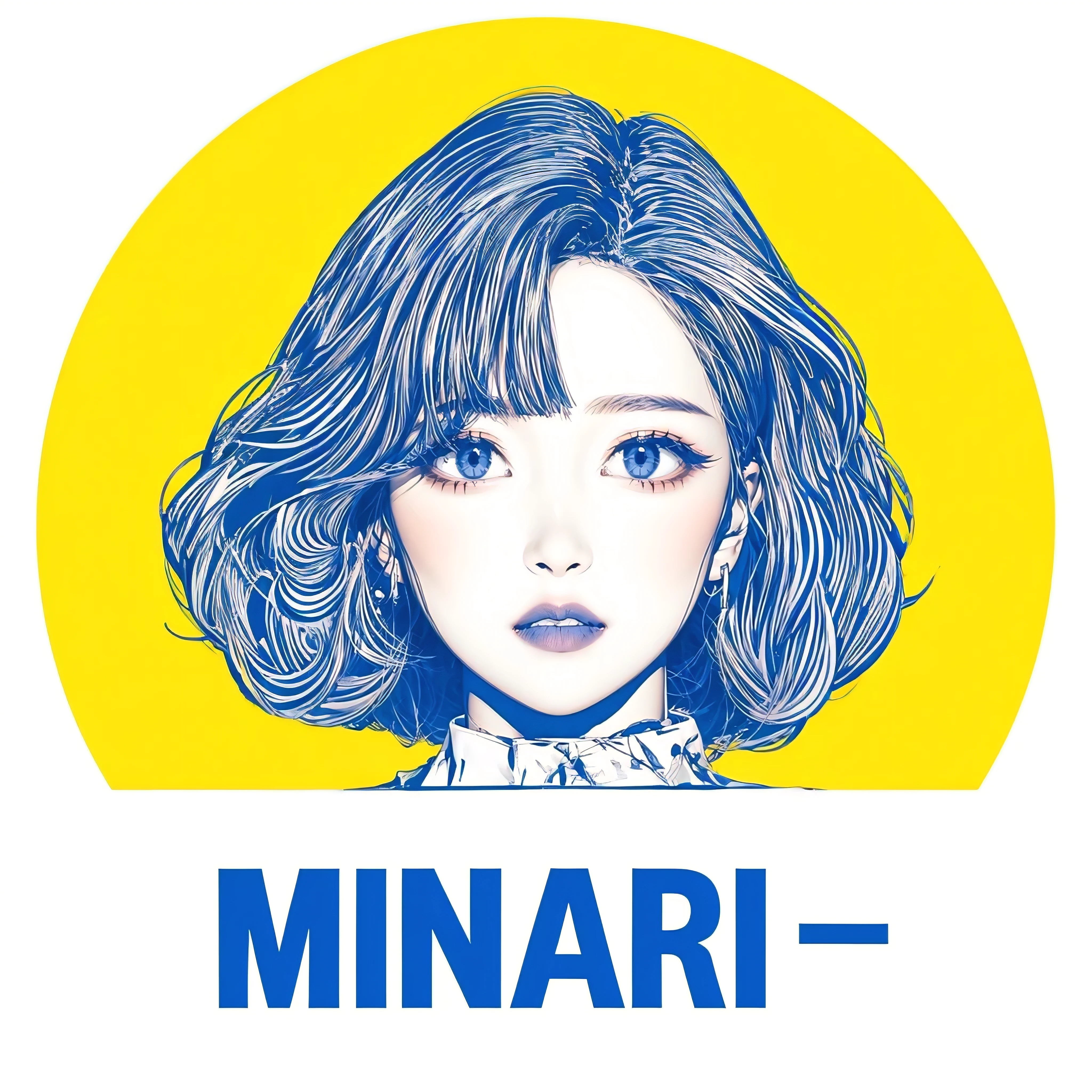 simple logo, circular, head of mina from twice, words "-MINARI-", flat colors, k-pop