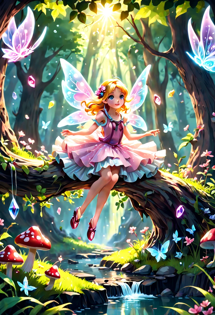 (best quality,4k,8k,highres,masterpiece:1.2),ultra-detailed,(realistic,photorealistic,photo-realistic:1.37),whimsical fairy wonderland,abstract art,pastel shades,harmonious blending,a fantasy world,charming fairies dancing,midsummer night's dream,wispy clouds floating,sparkling stars sprinkled,enchanted forest with towering trees,delicate flowers blooming with vibrant colors,soft golden sunlight filtering through the leaves,glowing mushrooms illuminating the path,magical waterfalls cascading down into crystal clear pools, ethereal music playing in the background,colorful butterflies fluttering around,playful fireflies lighting up the night,ivory-winged creatures soaring in the sky,whispering secrets of nature's magic,serene and magical atmosphere,creating a sense of wonder and enchantment,transcending reality,inviting viewers to immerse themselves in this dream-like realm.