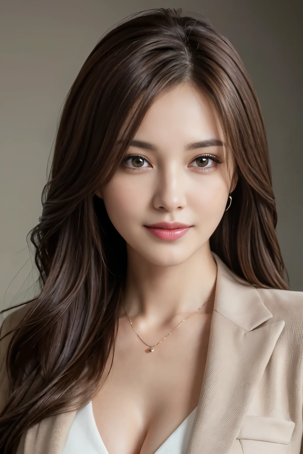 table top, highest quality, realistic, Super detailed, finely, High resolution, 8k wallpaper, 1 beautiful woman,, light brown messy hair, wearing a business suit, sharp focus, perfect dynamic composition, beautiful and detailed eyes, thin hair, Detailed realistic skin texture, smile, close-up portrait, model body shape,cleavage