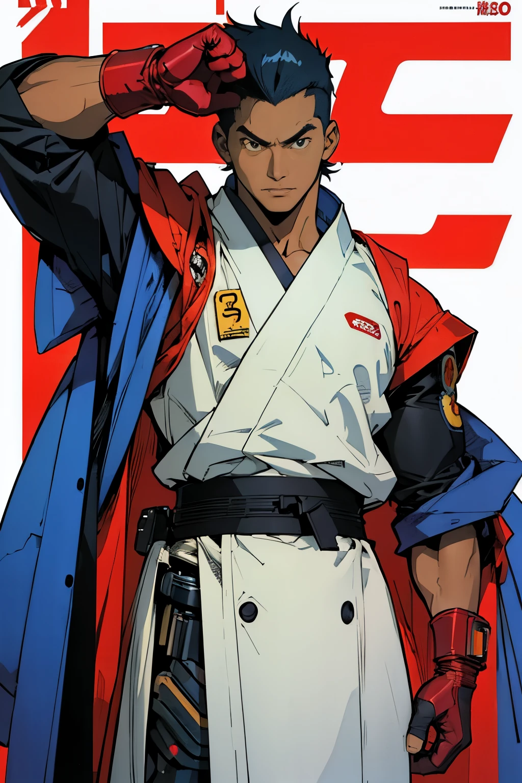 Otomo katsuhiro style anime, drawn by otomo katsuhiro, 90s anime, cyberpunk, retro futuristic, black-skinned man with white boxer's robes, bionic arm, white boxing gloves, Japanese magazine cover