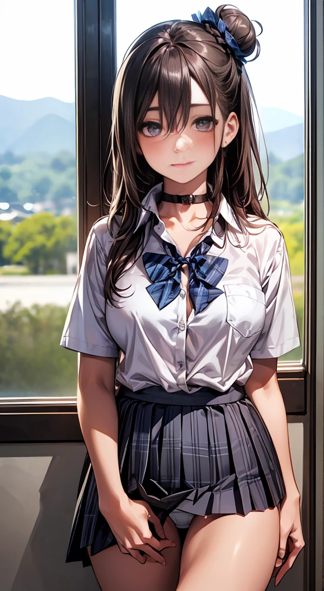 (masterpiece:1.2, highest quality), (realistic, photorealistic:1.4), beautiful illustrations,
looking at the viewer, whole body, Front view:0.6,
1 girl, Japanese, high School girl, (long hair:1.5), blown hair, (deconstructed bun:1.5), bangs, hair between eyes, big breasts:0.8,
beautiful hair, beautiful face, beautiful and detailed eyes, beautiful clavicle, beautiful body, beautiful breasts, beautiful thighs, beautiful feet, beautiful fingers,
(beautiful scenery), , School,
((Short sleeve shirt with collar, white shirt, School uniform, Grey plaid pleated skirt, Blue plaid bow tie)), white panties,
(Are standing, , lift the skirt, Grab the hem of the skirt, put your hand on your chest, hand between legs),
blush, ,