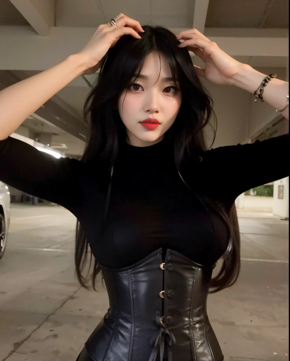 araffed woman in a black corset posing for a picture, bae suzy, cruel korean goth girl, korean girl, xision wu, jinyoung shin, profile image, ava max, she has black hair with bangs, tifa lockheart, tifa lockhart, ulzzang, in a leather corset, tight outfit, very tight corset, gorgeous young korean woman, joy red velvet