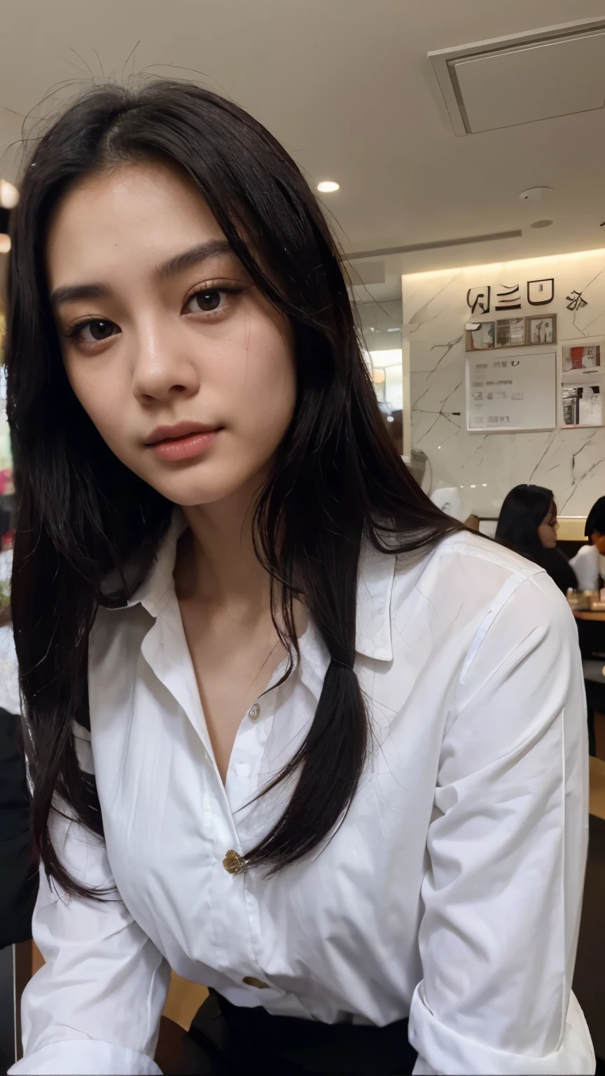 20 years old Hong Kong woman in cafe, white button shirt, black straight long hair, closeup selfie, beautiful face, slim, symmetrical face, hyper realistic, dark