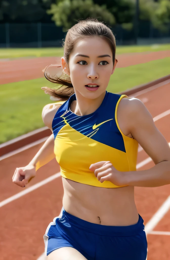 Super high quality,Super high quality,Ultra high definition,masterpiece,ultra high resolution,delicate skin,cute髪,deep shadows,contrast,real,japanese woman,beautiful asian,cute,若いcute,beautiful breasts, at track and field,yellow athletic wear,jogger,Separate Type,short hair,brown hair,look at the camera,
