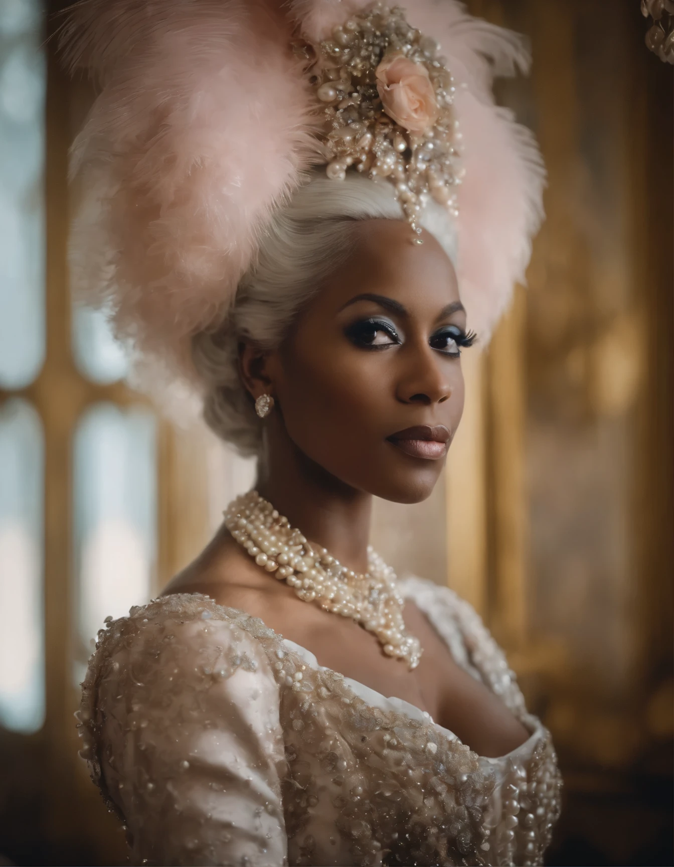 An black Marie Antoinette resplendent in opulent Rococo attire, radiating grandeur and extravagance with an extravagant headdress, adorned in delicate pearls and plush pastel hues, in the style of shiny rhinestone crystals