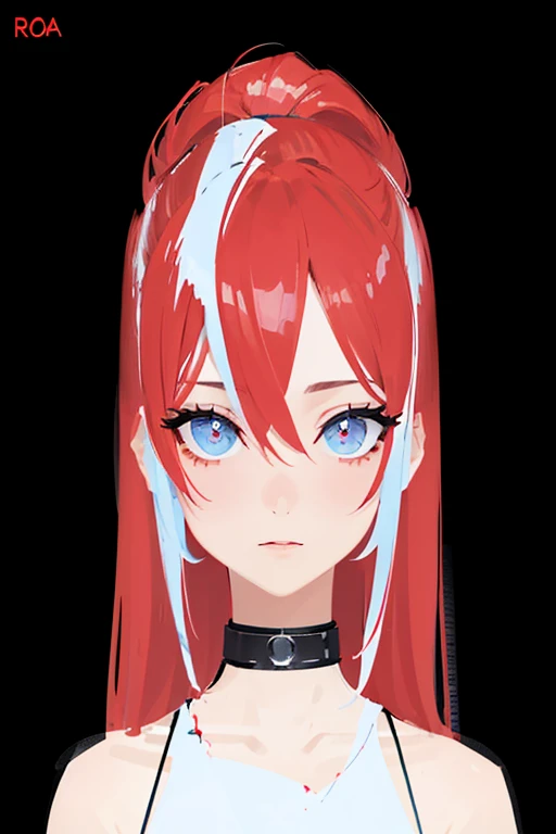 Chica de pelo rojo con 3 mechones blanco piel blanca ojos azules serios y 