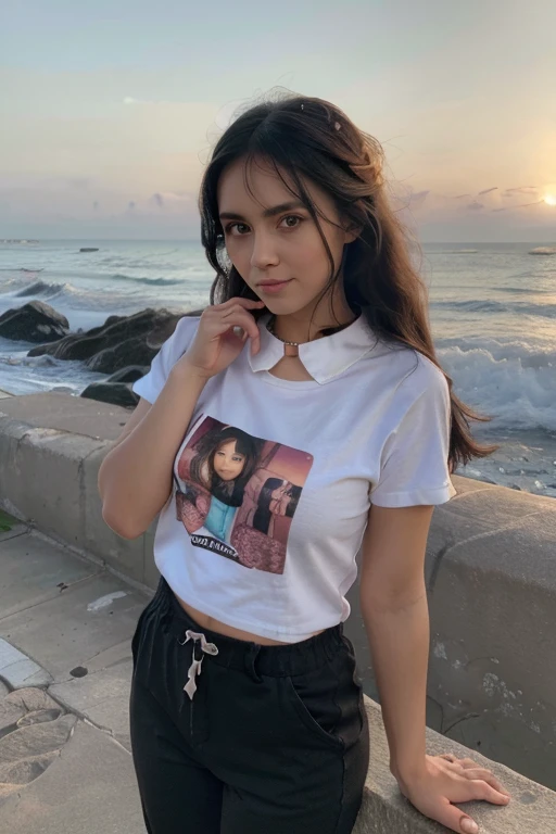 (8k, RAW Photo, Best Quality, Masterpiece:1.3),(Real,Photo:1.37),(Looking at Viewers:1.331),(Black Hair),Pose,Beachfront,Morning View,Sunrise,Clear Sky,1Girl,Very Beautiful Face,Small,Put Your Hands Down,Pony Hairstyle,Weight Hair,Fluffy Hair,Shoulder Length,Straight Hair,Random Expression,Smile at the Corner of Mouth,Big Eyes,(T-shirt,Round Collar,Short Sleeves,Opaque Color,Shirt Color),(Wearing Pants),mix4,No Hair Accessories,Best Quality Hair