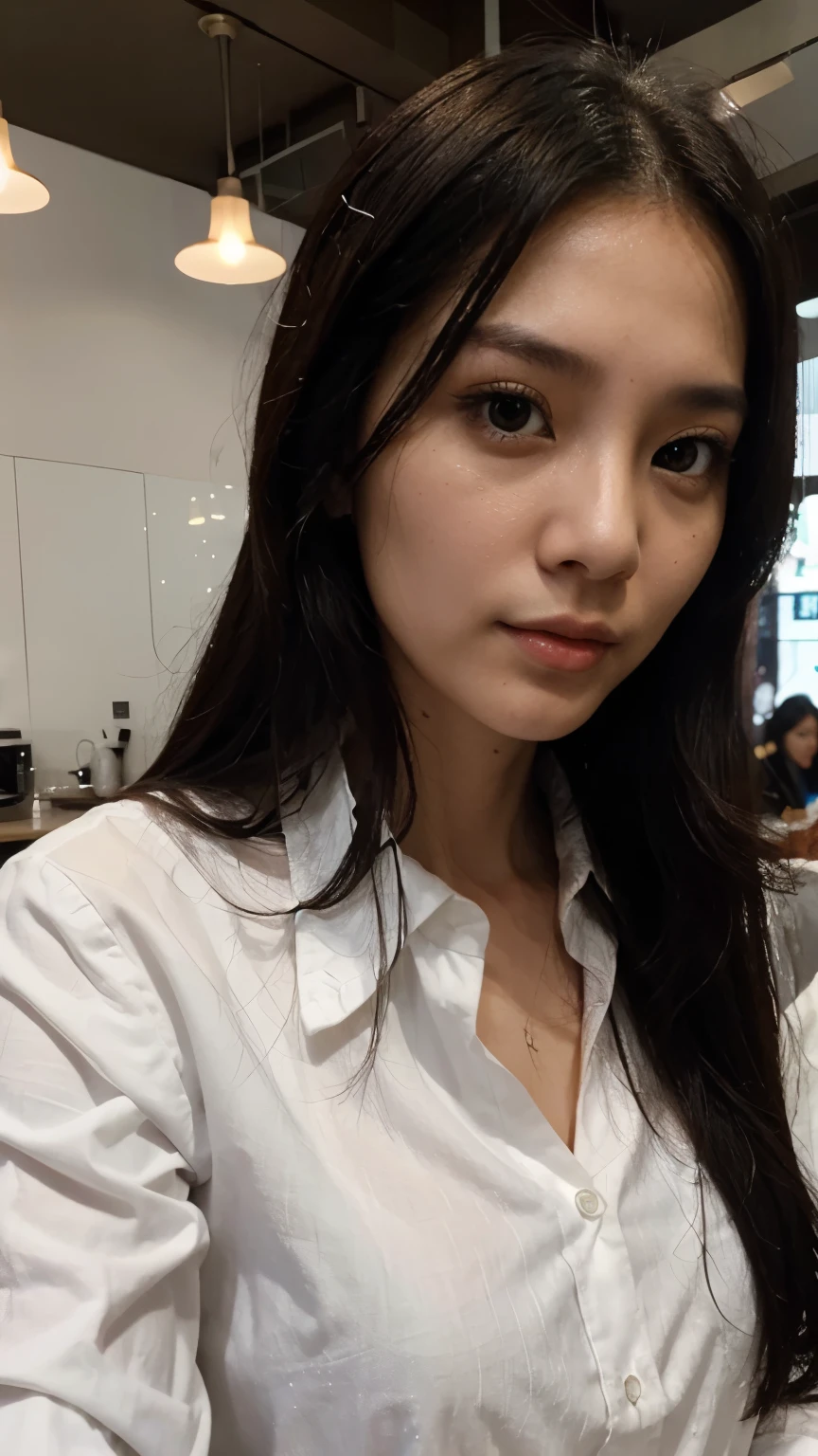 30 years old Hong Kong woman in cafe, white button shirt, black straight long hair, closeup selfie, beautiful face, slim, symmetrical face, hyper realistic, little sexy 