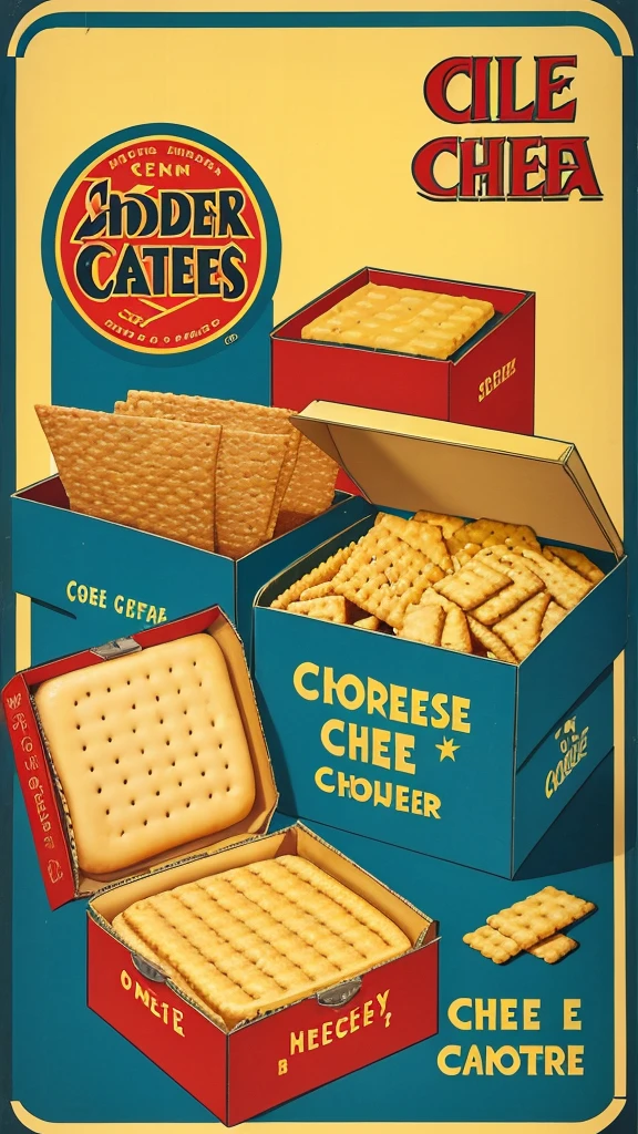 1940s poster, ad for cheese crackers, simple box design, second box made of metal, simple labels, cheese crackers crisp in a oile