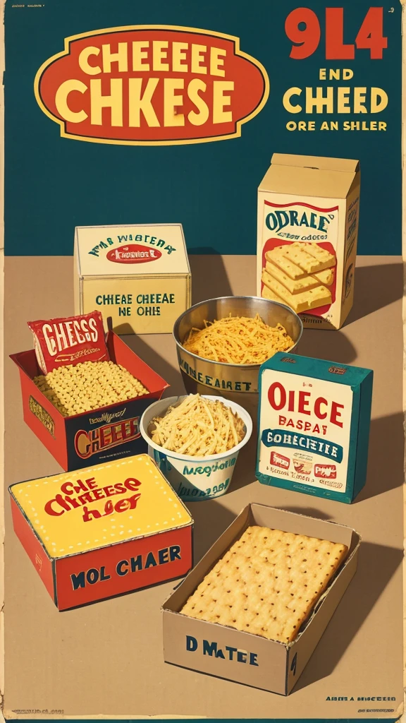 1940s poster, ad for cheese crackers, simple box design, second box made of metal, simple labels, cheese crackers crisp in a oile