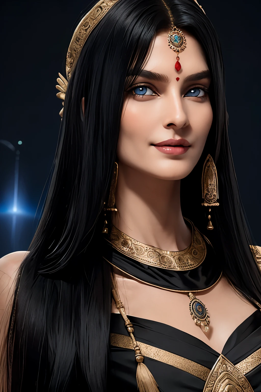 a tall girl, Indian clothes, India, beautiful goddess, long black hair, Straight hair, neckline on the chest, neckline on the chest, high cheekbones, Blue eyes, pale skin, European appearance, Mischievous smile, Against the backdrop of space